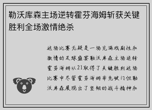 勒沃库森主场逆转霍芬海姆斩获关键胜利全场激情绝杀